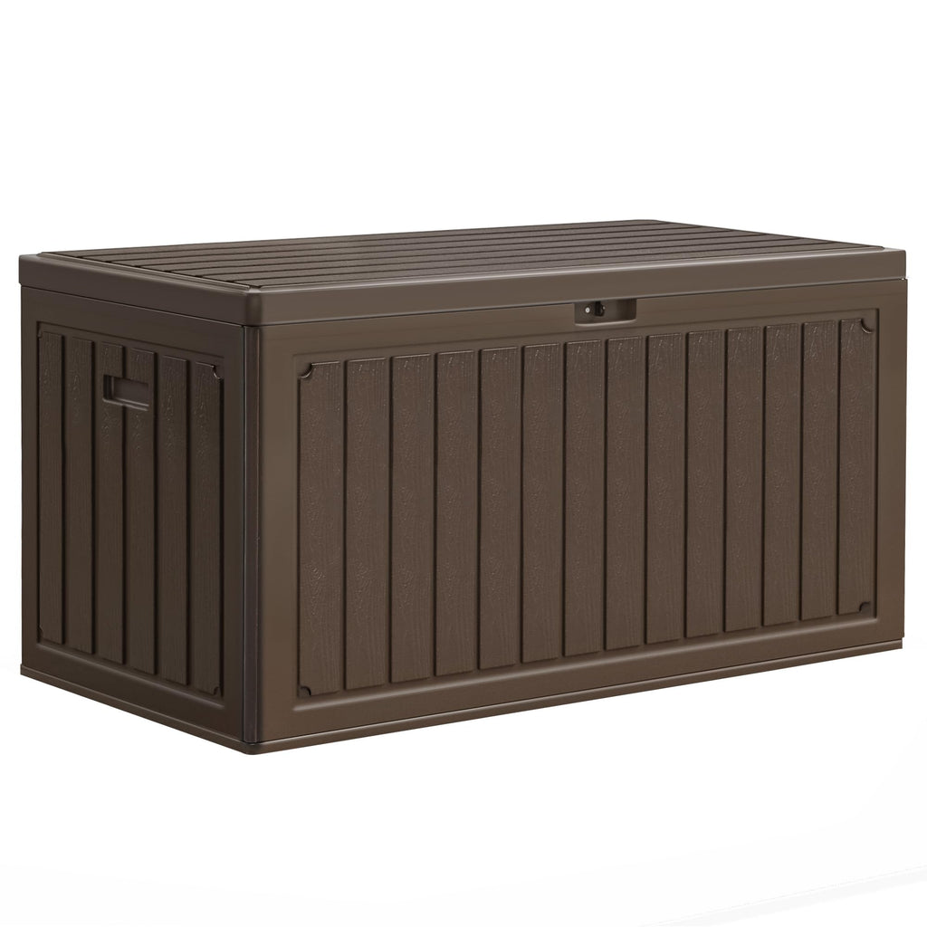 YITAHOME 303L Garden Outdoor Storage Box, HDPE Resin Deck Box with Lockable Lid & Side Handles, Waterproof Storage Bench for Patio Furniture, Cushions, Pool Gear & Garden Tools, Brown